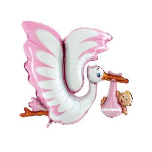 Babyshower niña globo gigante microfoil cigüeña niña color rosa de 53''
