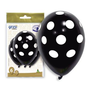 Globos pastel NEGRO con lunares blancos (Bolsa de 6 globos)