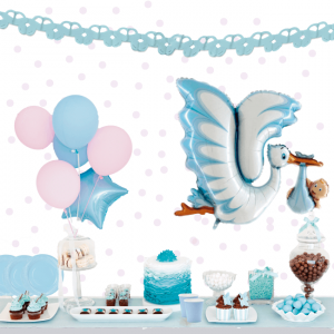 Babyshower niño kit color azul con globo de cigüeña