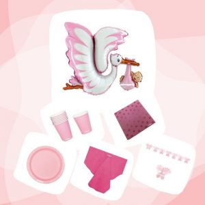Kit baby shower color rosa “Es una niña” con globo cigüeña