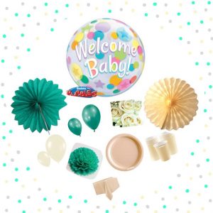 Kit Baby Shower "Welcome Baby" verde aguamarina y crema